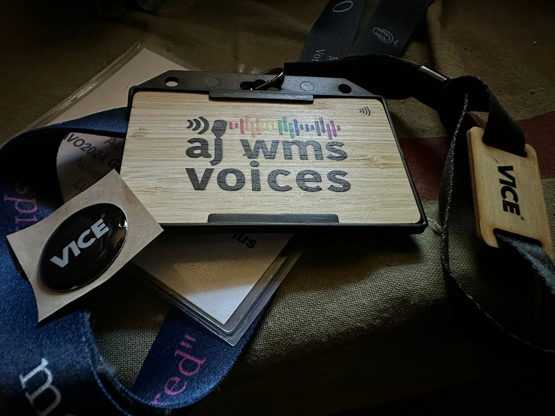 bamboo digital business card with the aj wms voices logo on it